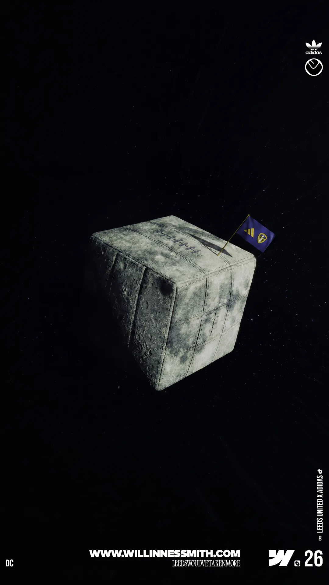 Leeds United x adidas · a flag planted on a floating stone cube in space
