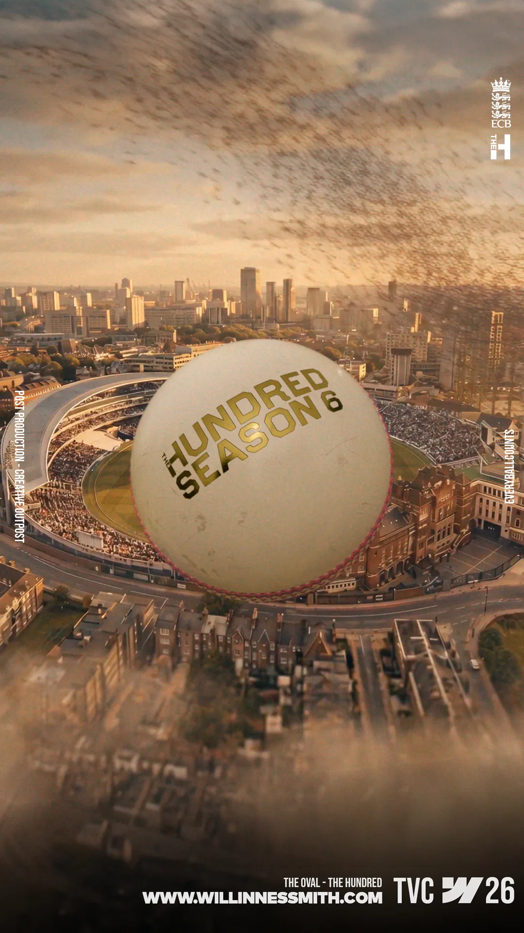A giant cricket ball marked Hundred Season 6 hanging in the sky above The Oval · The Hundred