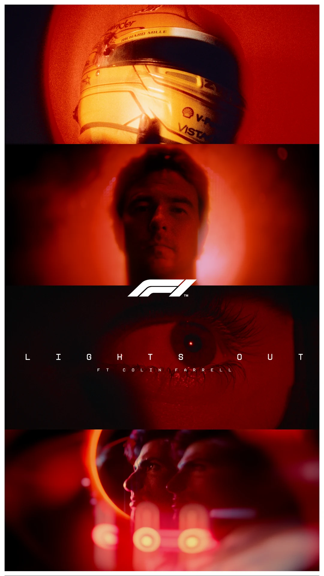 A helmet, a face, an eye and two profiles, stacked in red · Lights Out, F1